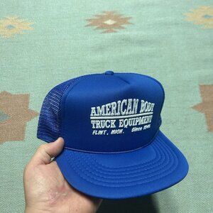 Vintage trucker hat mesh cap American body truck equipment flint Michigan blue